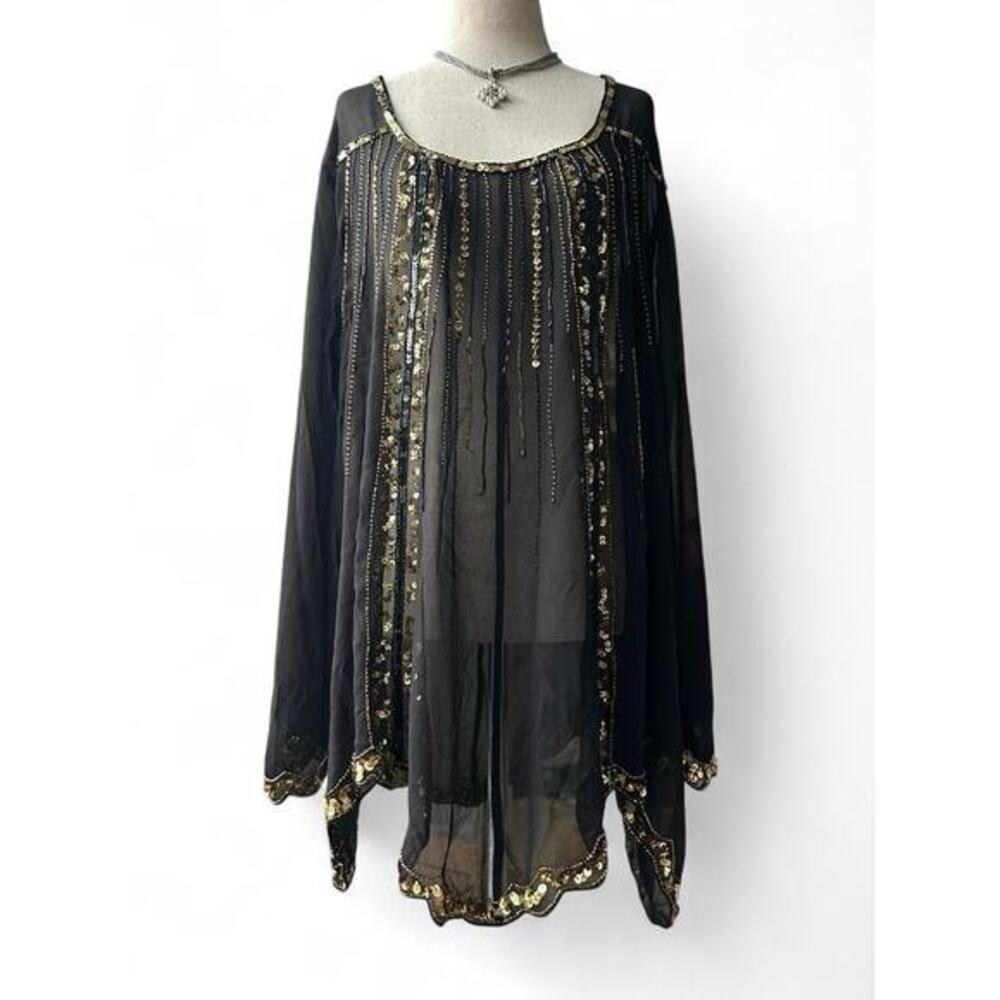 NWT Denim 24/7 Sheer Tunic Top Sequin Embroidery Sz 26W Goth Glam Statement Top